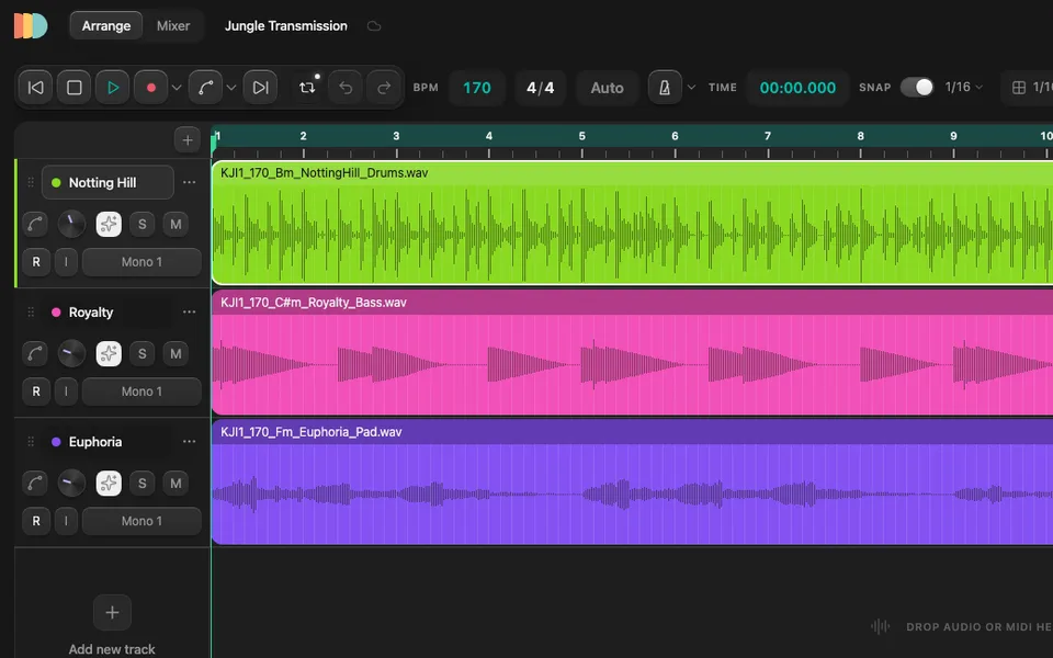 Merlin Studio arrange view with drum, bass and pad tracks