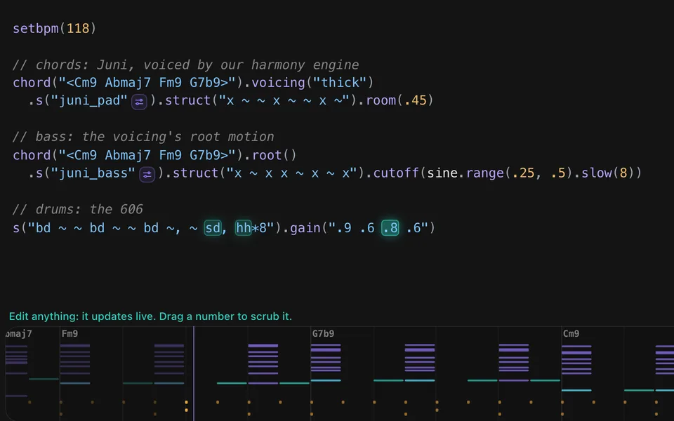 Koodi live-coded pattern with chords, bass and drums on a piano roll
